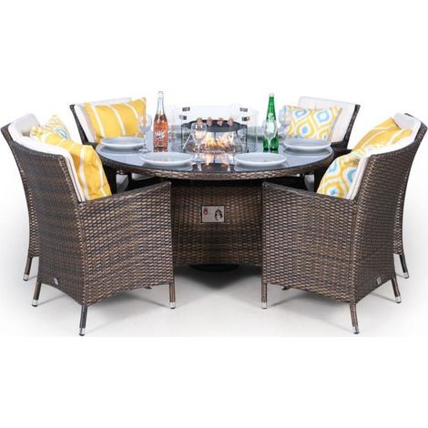 Savannah Fire Pit 6 Seater Round Rattan Dining Set - Brown (1/5)