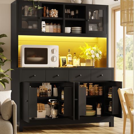 Aparador alto (140x38.5x180 cm), con LED RGB controlada por app, puertas de cristal, 4 cajones, MDF negro (1/5)