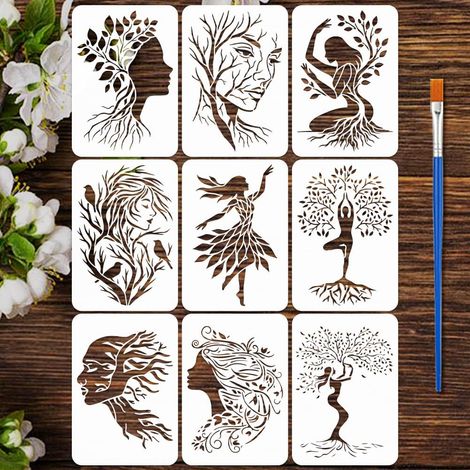 9 Pcs Pochoirs de Peinture Femme Arbre avec Pinceau 29,7x21cm 9 Styles Pochoirs de l'Arbre de Vie Réutilisables Pochoir d'Art Féminin Pochoir Silhouette Femme pour Bois Mur Artisanat DIY (1/5)