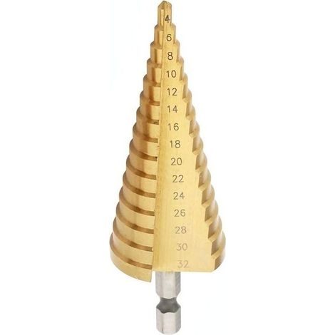 Foret étagé HSS 4-32 mm à rainure droite, revêtement titane, pour bois et métal. (1/5)