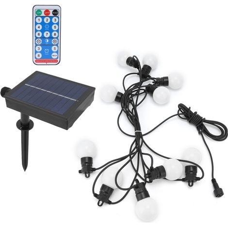 Guirlande lumineuse solaire étanche à ampoules LED G50 pour la décoration de cour extérieure, 10 ampoules, 5 mètres de long, boîtier blanc chaud, modèle avec télécommande. (1/5)