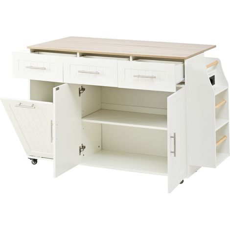 Îlot de cuisine mobile avec plan de travail extensible, rangement et prises intégrées, MDF, 120x40(70)x90 cm (1/5)
