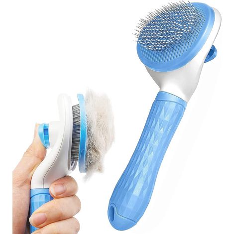 Brosse de toilettage pour chien et chat, peigne autonettoyant avec manche lisse, outil de toilettage avec bouton de nettoyage, outil d'épilation BLEU (1/5)