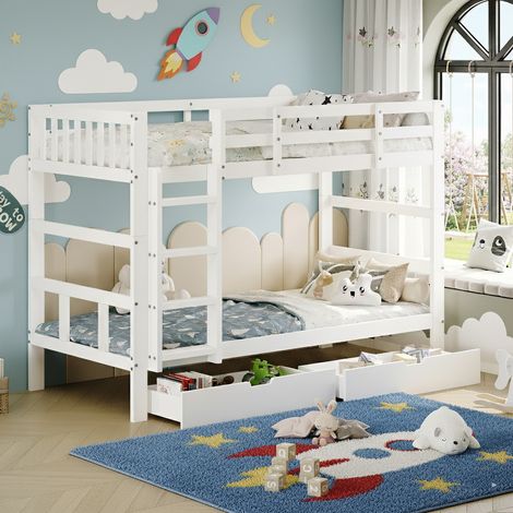 Lit superposé 90x200 cm, pour 2 enfants, avec échelle et 2 tiroirs, convertible en 2 lits simples, lit mezzanine massif, avec protection anti-chute et sommier à lattes, blanc (1/5)