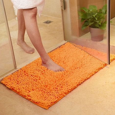 Tapis de salle de bain en chenille antidérapant, super absorbant, doux et confortable, tapis de bain (50 x 80 cm, orange) (1/4)