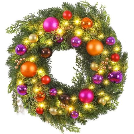 Couronne de Noël Porte Artificielle, LED Guirlande de Noël Minuterie à Piles Décoration Pin Epicéa Intérieur Extérieur Sapin Couronne Lumineuse Décor Porte Vitre Fenêtre Noël Multicolore (1/4)