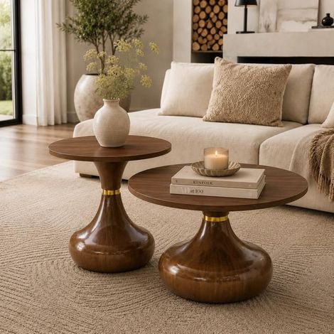 Table basse - WESTYLE - Lot de 2 (table basse + table d’appoint) - Plateau rond aspect noyer - MDF+métal - Détail doré (1/5)