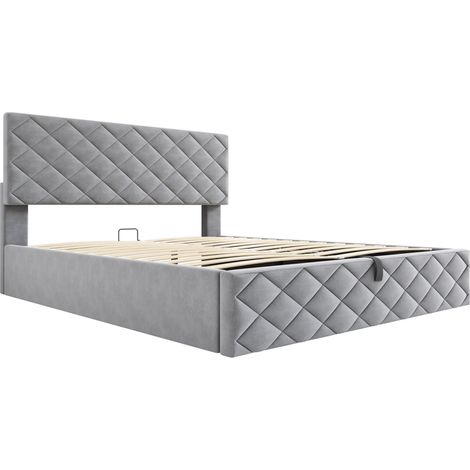 Letto contenitore imbottito grigio 140 x 200 cm con rete a doghe e sollevamento idraulico HOMVRA (1/5)