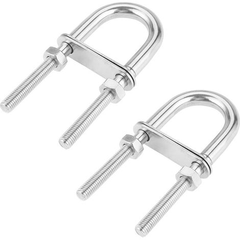 Juego de 2 pernos en U de acero inoxidable plateado M6 x 90 mm con placa de soporte y tuercas para fijar y conectar decoraciones de barcos. (1/5)