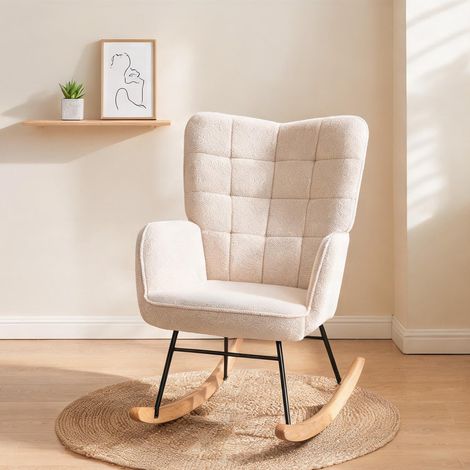 Fauteuil à bascule en tissu beige cadre en acier et bois (1/5)