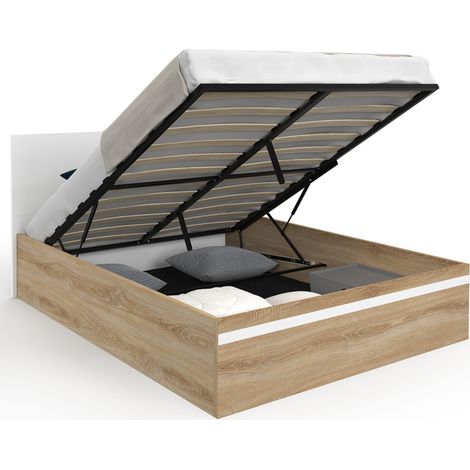 Idmarket – Lit coffre double 140 x 190 cm – Tête de lit blanche – Coffre de rangement avec vérins – Structure en panneaux de particules hêtre et blanc