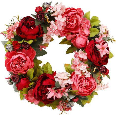 Couronne de pivoines artificielles, 15,7 pouces, fausses fleurs, printemps et été, pour porte d'entrée extérieure, décoration murale intérieure de mariage, rouge (1/5)