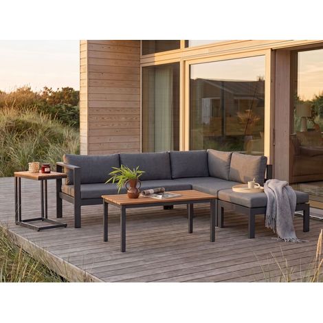 Conjunto de sala de estar 5 plazas de metal negro gris oscuro madera clara cojines mesa Messina (1/5)