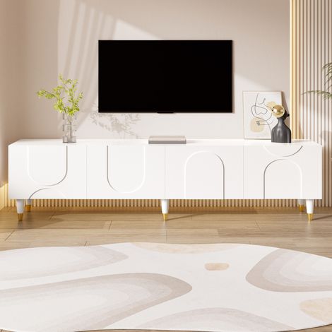 Mueble TV 180x40x50 cm blanco en MDF y tablero de partículas con 4 puertas y relieve de arcos asimétricos (1/5)
