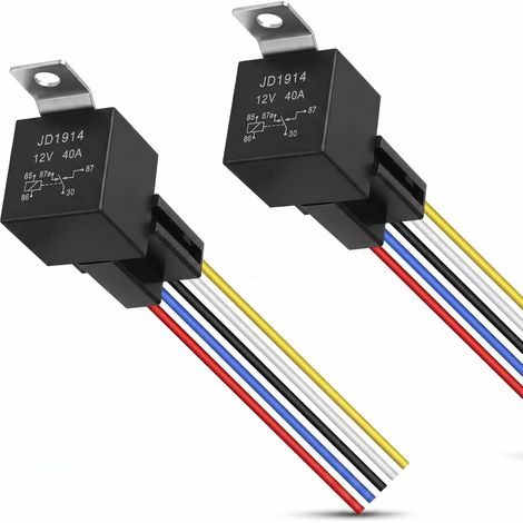 2 Pièces Relais Automobile 12V 40A JD1914 - Relais 5 Broches 12V SPDT avec Faisceau, Support Métal, Prise Relais 12V, Commutateur NO/NC pour Voiture, Camion, Moto, Bateau, Klaxon, Éclairage, Pompe (1/5)