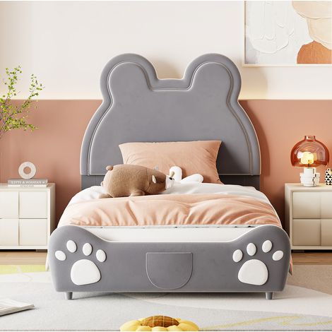 Lit enfant rembourré en velours gris 90x200 cm, forme ours, sommier à lattes inclus (1/5)