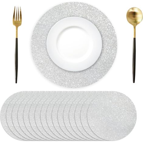Pack of 50 Silver Glitter Round Paper Placemats, Disposable Silver Round Placemats, 35 cm, Decorative for Dining Table, Party, Holiday, Birthday, Christmas (1/5)