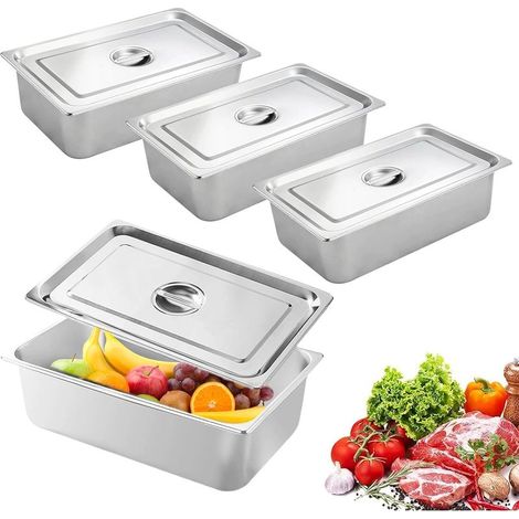 Bac Inox Alimentaire avec Couvercle,3 Pièces Bac Gastronorme,Plat Inox Barbecue,Plat Rectangulaire pour Mariner Viande,Escalopes,Empilable Set à Panure,Récipient pour Cuisine (GN1/3-32.5x17.5x6.5cm)