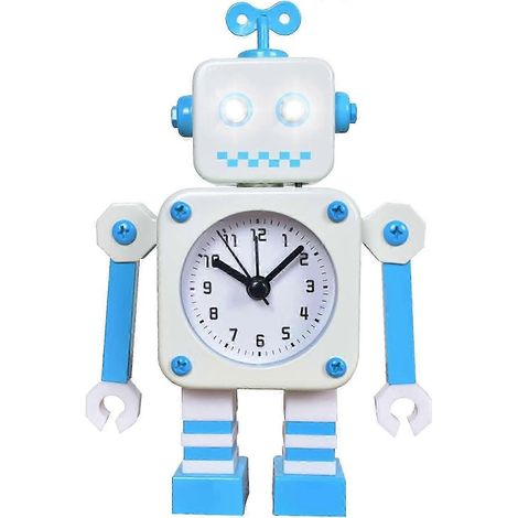 Réveil robot, réveil silencieux en acier inoxydable, avec yeux clignotants et bras rotatif, cadeau pour enfants (blanc et bleu) (1/5)