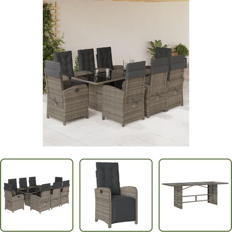 vidaXL Mobilier extérieur - Ensemble à manger de jardin 9 pcs coussins gris résine tressée (1/5)