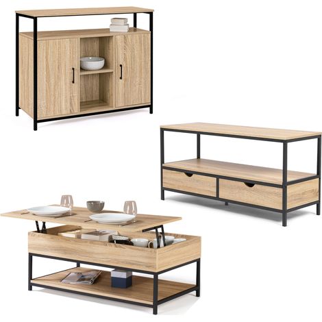 Idmarket – Ensemble de meubles de salon – Buffet, table basse relevable et meuble TV – Bois et métal – Style industriel – Rangement optimisé