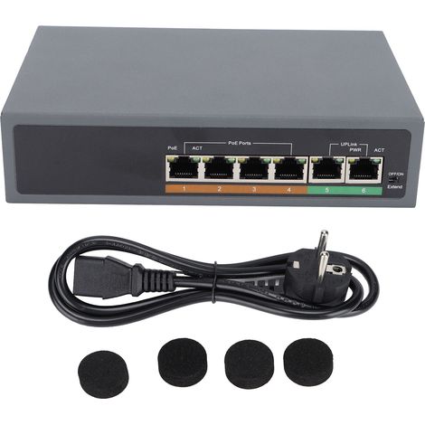 Kompakter, geräuschloser, lüfterloser 6-Port-PoE-Switch (100 Mbit/s), 100–240-V-Netzteil für Access Points, IEEE802.3af/at-konform