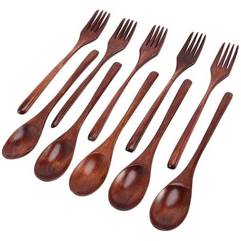 Ensemble de 10 cuillères et fourchettes en bois, ustensiles de cuisine réutilisables en bois naturel. (1/5)