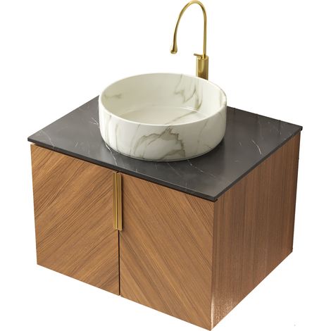 Mobile bagno sospeso 61 cm con lavabo in ceramica bianco e piano in pietra sinterizzata nero (1/5)