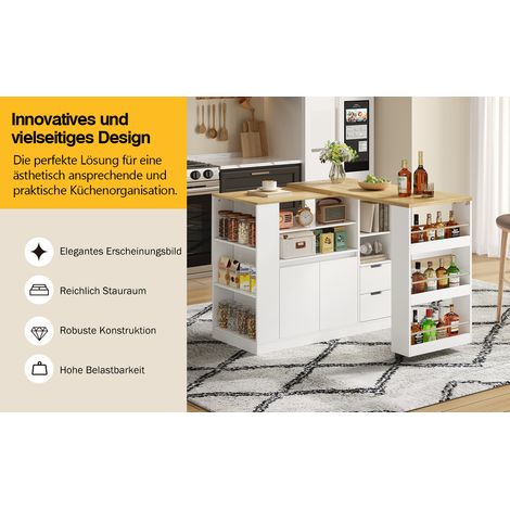 Îlot de cuisine extensible, 115 cm, rangement avec étagères 3 pans et 2 tiroirs, bar à café, table escamotable en bois pour salle à manger et bar domestique. (1/5)