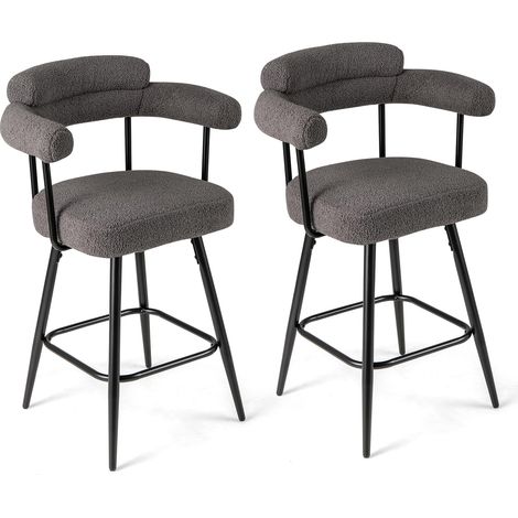 COSTWAY Set di 2 Sgabelli da Bar Girevoli, Sedie Imbottite in Boucle con Schienale, Braccioli Curvi, Gambe in Metallo e Poggiapiedi, Portata 150 kg, per Isola Cucina, Caffè e Pub (Grigio) (1/5)