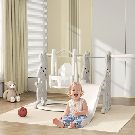 Ensemble de jeux 4 en 1 pour tout-petits : toboggan, balançoire, structure d'escalade, panier de basket, en plastique, motif lapin, gris. (1/5)