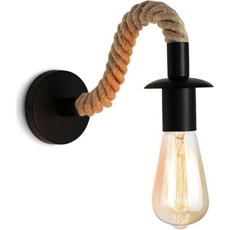 Applique murale Vintage en corde de chanvre,Applique murale industrielle idéal, E27 luminaire,Ampoule non incluse,110/220V (Noir)