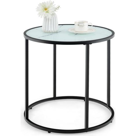 COSTWAY Table d’Appoint Ronde en Verre Dia.50 cm, Bout de Canapé Marbre, Cadre en Métal, Plateau en Verre, Table d’Appoint Moderne pour Salon, Chambre, Balcon, Petit Espace (1/5)