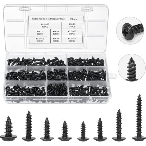 350 pièces vis autoperforante，vis autoforeuse métal，vis noir，vis bois，tête cruciforme，fabriqué en acier au carbone，Les dimensions comprennent M3, M3.5, M4, M4.8 (1/5)