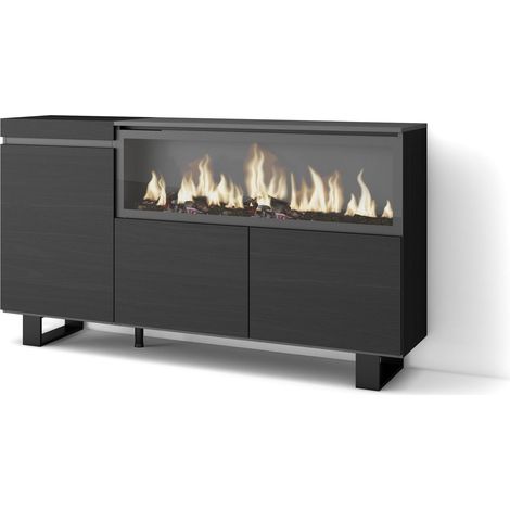 Skraut Home - Buffet salon et cuisine, Meuble de Rangement, Commode, 160, 3 Portes, Cheminée électrique XXL, Design industriel, Style moderne, Noir (1/5)