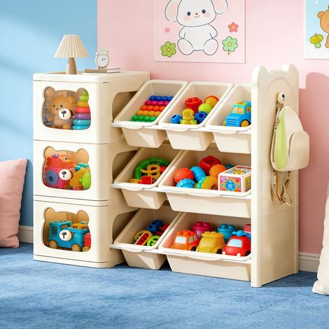 Étagère de rangement à 3 niveaux avec tiroirs et bacs pour jouets, idéale pour la chambre d'enfant. (1/5)