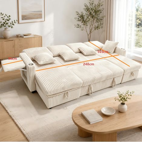 Divano letto angolare a U estraibile 2 in 1 in tessuto corduroy beige con contenitore (1/5)