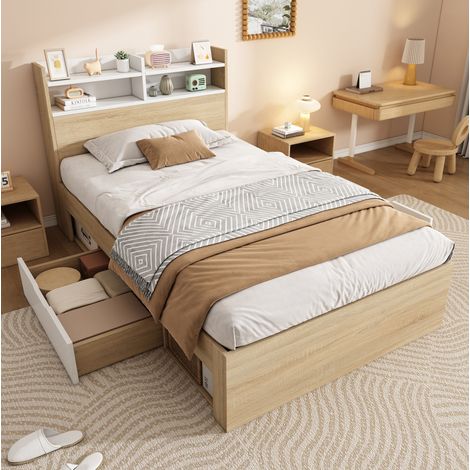 Lit simple en bois 90x200 cm blanc/chêne, tête de lit avec étagère, 2 tiroirs et niches ouvertes (1/5)