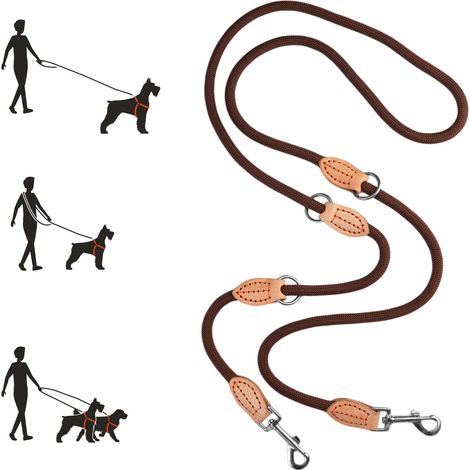 Laisse 3 Points pour Chien Réglable 2.1m, Double Nylon, Marron  Multifonctionnelle Guinzaglio Doppio per Cani Ajustable avec 2 Mousquetons et 3 Anneaux, pour Moyens et Gros Chiens Convient (1/5)