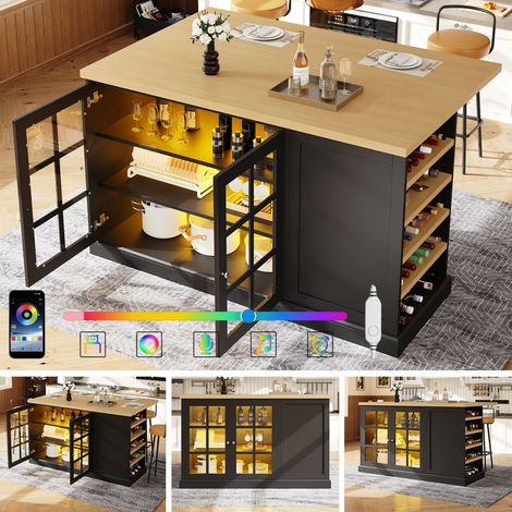 Îlot de cuisine pliable multifonction avec LED RGB, porte-vin incliné, tiroir de rangement, Chariot de cuisine, table à manger, table de bar, buffet de rangement, 120 x 40(70) x 90 cm