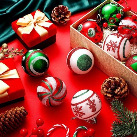 30 Pièces Boules de Noël 6CM Rouge et Vert - Ornements Incassables à Suspendre pour Sapin, Vacances, Décoration (6 Styles) (1/4)