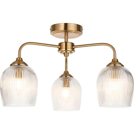 Endon Ashcroft Plafonnier semi-encastré à bras multiples nervurés, plaque en laiton vieilli brossé et verre nervuré transparent, 3 ampoules E14 (1/5)