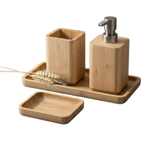 Ensemble d'accessoires de salle de bain en bambou naturel avec distributeur de savon, porte-brosse à dents, porte-savon et plateau, fait à la main, design étanche (1/5)