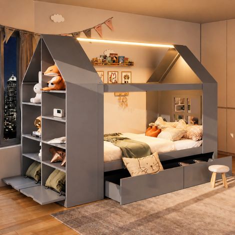 Lit cabane enfant 90x200 cm avec LED et rangements, gris, en bois et MDF, sans matelas FloraGrace (1/5)