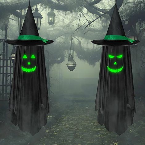 Lot de 2 chapeaux sorcière fantôme lumineux Halloween, décoration suspendue jardin porche extérieur (1/5)