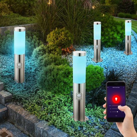 Sockelleuchte E27 Stehlampe Garten Smart Home Außenleuchte Bewegungsmelder, App-Sprachsteuerung dimmbar Timer CCT, IP44, Edelstahl, 1x RGB LED 10W 806Lm 2700-6400K, DxH 7,6x45cm, 4er Set