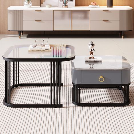 Lot de 2 tables basses gigognes carrées, aspect marbre brillant, plateau en verre, pieds noirs, structure en métal avec un tiroir, convient pour salon, balcon, bureau – Gris