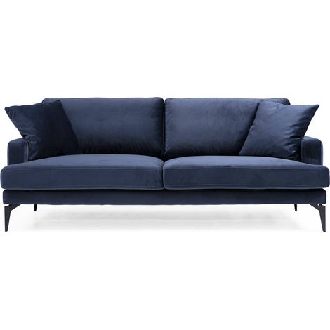 Canapé 3 places design tissu velouté bleu marine et pieds métal noir Kombaz 205cm (1/5)