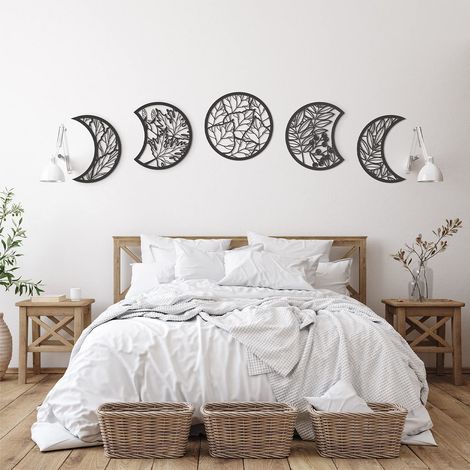 Lot de 5 décorations murales en bois représentant les phases de la lune : frontons suspendus, style spirituel, pour chambre, salon, dortoir, appartement ou bar (noir, 27 cm). (1/5)
