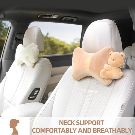 Coussin d'appui-tête de voiture 2 pièces Ours et Lapin en peluche - Coussins de soutien de la nuque en mousse à mémoire de forme pour une conduite confortable, faciles à installer et lavables (Ours + (1/4)